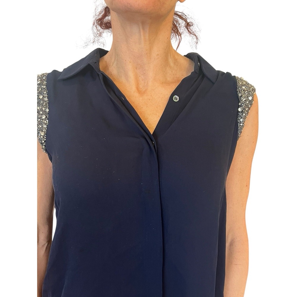 Women's HAUTE HIPPIE Navy Blue Beaded Embellished Cap Sleeve Silk Blouse S $395 - Picture 9 of 16